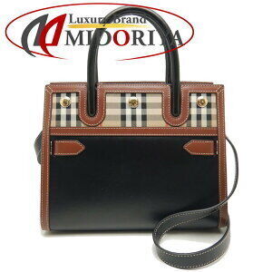 Burberry Title Handbag Nova Check Leather Canvas Black Beige